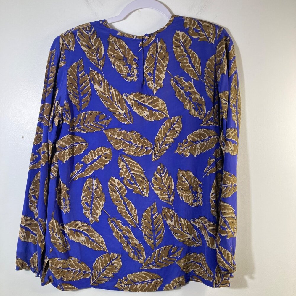 Womens Vintage Ann May Silk Blouse Leaf Pattern Blue Brown M‎ Silk - Picture 2 of 10